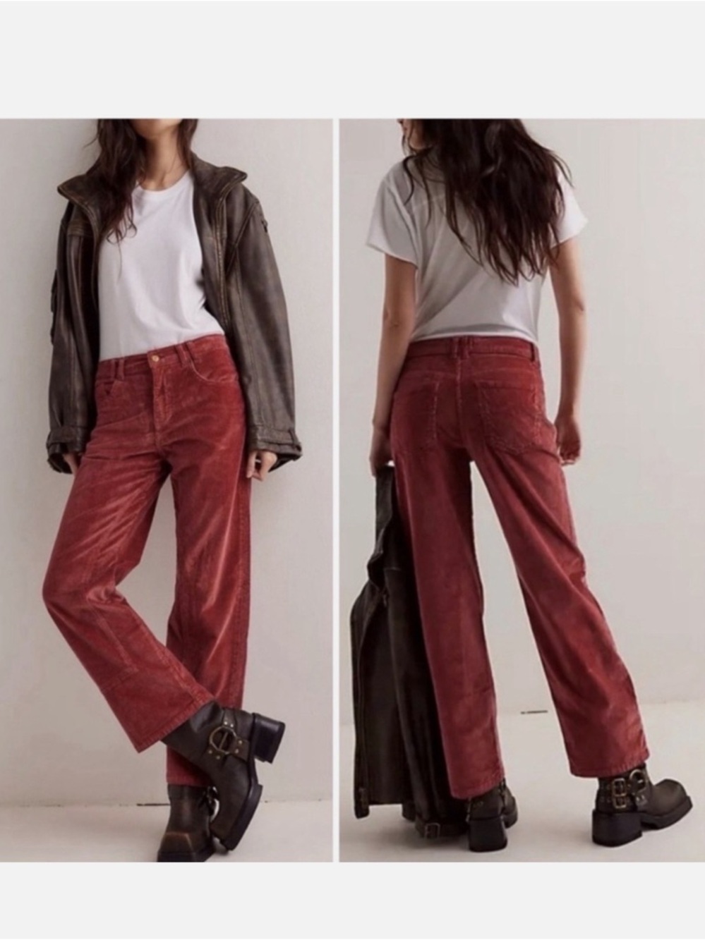New Free People Risk Taker straight leg corduroy jeans rust red size 26 fall